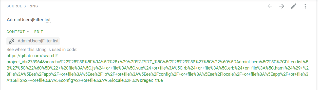 Crowdin Editor showing a string with a link for more translation context